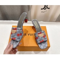 Good Product Louis Vuitton LV x TM Lily Heel Slides Sandal 5.5cm in Cherry Monogram Denim with Bow Grey 0712063