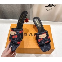 Good Quality Louis Vuitton LV x TM Lily Heel Slides Sandal 5.5cm in Monogram Denim with Bow Black 0712068