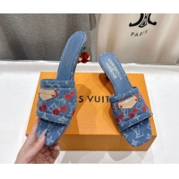 Stylish Louis Vuitton LV x TM Lily Heel Slides Sandal 5.5cm in Cherry Monogram Denim with Bow Blue 0712073