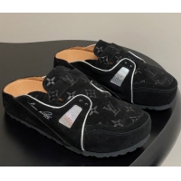 Luxury Louis Vuitton x Birkenstock Boston Platform Mules in Monogram Suede Black 0714004