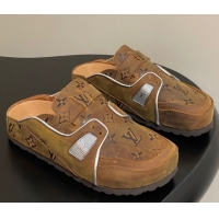 Luxury Louis Vuitton x Birkenstock Boston Platform Mules in Monogram Suede Brown 0714006