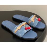 Pretty Style Louis Vuitton LV x TM Lily Flat Slides Sandals with Bow and Cherry Charm in Monogram Denim Light Blue 07140