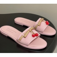 Unique Style Louis Vuitton LV x TM Lily Flat Slides Sandals with Bow and Cherry Charm in Monogram Denim Light Pink 07140