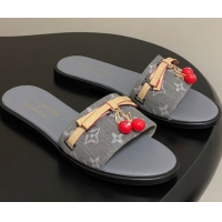 Popular Style Louis Vuitton LV x TM Lily Flat Slides Sandals with Bow and Cherry Charm in Monogram Denim Dark Grey 07140