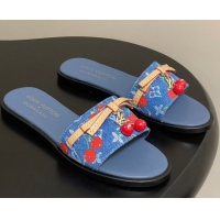 Good Quality Louis Vuitton LV x TM Lily Flat Slides Sandals with Bow and Cherry Charm in Monogram Denim Blue/Red 0714051