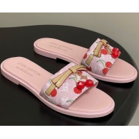 Shop Duplicate Louis Vuitton LV x TM Lily Flat Slides Sandals with Bow and Cherry Charm in Monogram Denim Pink/Red 07140