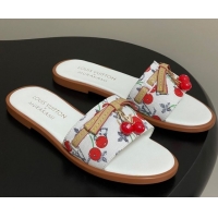 Luxurious Louis Vuitton LV x TM Lily Flat Slides Sandals with Bow and Cherry Charm in Monogram Denim White 0714053