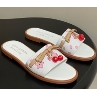 Good Looking Louis Vuitton LV x TM Lily Flat Slides Sandals with Bow and Cherry Charm in Printed Leather White 0714057