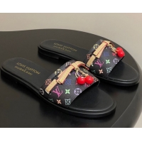 Grade Louis Vuitton LV x TM Lily Flat Slides Sandals with Bow and Cherry Charm in Monogram Canvas Black 0714059