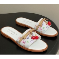 Cheap Price Louis Vuitton LV x TM Lily Flat Slides Sandals with Bow and Cherry Charm in Monogram Canvas White 0714060