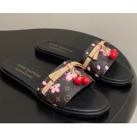 Big Discount Louis Vuitton LV x TM Lily Flat Slides Sandals with Bow and Cherry Charm in Monogram Canvas Brown 0714061