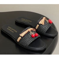 Charming Louis Vuitton LV x TM Lily Flat Slides Sandals with Bow and Cherry Charm in Raffia Straw Black 0714062