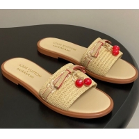 Durable Louis Vuitton LV x TM Lily Flat Slides Sandals with Bow and Cherry Charm in Raffia Straw Beige 0714063