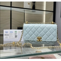 Good Taste Chanel Shiny Calfskin Wallet On Chain WOC AP2289 Light Blue 2025