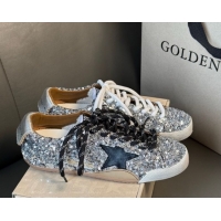Top Grade Golden Goose Women's True-Star in silver sequins with black star and silver leather heel tab 0711017