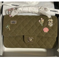 Famous Brand Chanel Quilted Canvas Classic Medium Flap Bag with Charm A01112 Green 2025