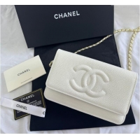 Best Quality Chanel Grained Shiny Calfskin Wallet On Chain WOC with Maxi CC AP6809 White 2025