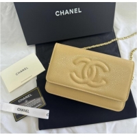 Top Quality Chanel Grained Shiny Calfskin Wallet On Chain WOC with Maxi CC AP6809 Beige Yellow 2025