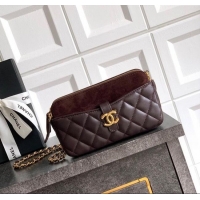 Famous Brand Chanel Suede & Shiny Lambskin Zipped Phone Holder with Chain AP4743 Coffee Brown 2025