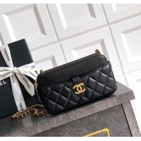 Well Crafted Chanel Calfskin & Shiny Lambskin Zipped Phone Holder with Chain AP4743 Black 2025