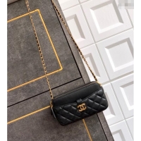 Well Crafted Chanel Calfskin & Shiny Lambskin Zipped Phone Holder with Chain AP4743 Black 2025