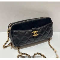 Good Taste Chanel Suede & Shiny Lambskin Zipped Phone Holder with Chain AP4743 Black 2025
