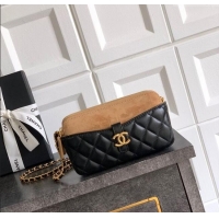 Good Looking Chanel Suede & Shiny Lambskin Zipped Phone Holder with Chain AP4743 Black/Beige 2025