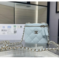 Top Grade Chanel Grained Shiny Calfskin Classic Small Vanity with Chain AP1340 Light Blue 2025