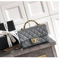 New Stylish Chanel Grained Shiny Calfskin Mini Flap Bag with Top Handle and Chain AS5701 Grey 2025