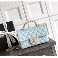 Top Quality Chanel Grained Shiny Calfskin Mini Flap Bag with Top Handle and Chain AS5701 Light Blue 2025