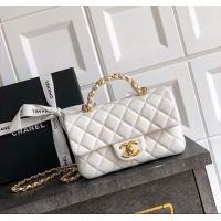 New Product Chanel Grained Shiny Calfskin Mini Flap Bag with Top Handle and Chain AS5701 White 2025