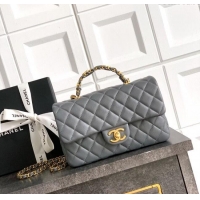 High Quality Chanel Grained Shiny Calfskin Small Flap Bag with Top Handle and Chain AS5702 Grey 2025