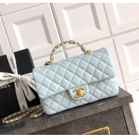 Original Cheap Chanel Grained Shiny Calfskin Small Flap Bag with Top Handle and Chain AS5702 Light Blue 2025