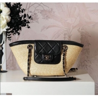 New Design Chanel Raffia Straw and Calfskin Small Shopping Bag AS5951 Beige/Black 2025