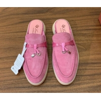 Pretty Style Loro Piana Charms Walk Babouche Loafer Mules in Suede and Crocodile-Like Leaher Inserts Light Fuchsia Pink 