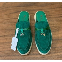 Good Quality Loro Piana Charms Walk Babouche Loafer Mules in Suede and Crocodile-Like Leaher Inserts Dark Green 0708014