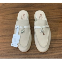 Most Popular Loro Piana Charms Walk Babouche Loafer Mules in Suede and Crocodile-Like Leaher Inserts Light Apricot 07080