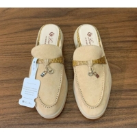 Good Looking Loro Piana Charms Walk Babouche Loafer Mules in Suede and Crocodile-Like Leaher Inserts 387Apricot 0708015