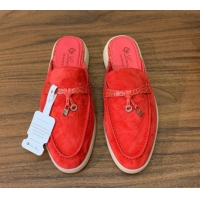 Charming Loro Piana Charms Walk Babouche Loafer Mules in Suede and Crocodile-Like Leaher Inserts Red 0708017