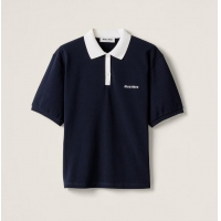 ​High Quality Miu Miu Cotton Pique Polo Shirt 5998 Navy Blue 2025