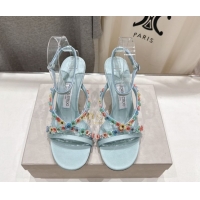 Sumptuous Jimmy Choo Blanche Heel Sandals 8.5cm in Satin with Daisy Bloom Embroidery Blue 0708109