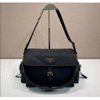 Buy Cheapest Prada Explore large Re-Nylon shoulder bag with flap 1BD391 Black 2025