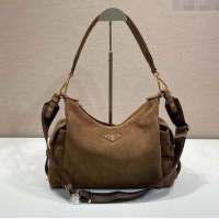 Buy Discount Prada Explore large suede shoulder bag 1BC264 Dark Brown 2025