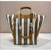 Top Quality Prada Large Printed Canvas and Leather Tote Bag 1BG561 Brown 2025