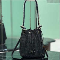 Grade Quality Prada Crochet straw-like mini bucket bag 1BE068 Black 2025
