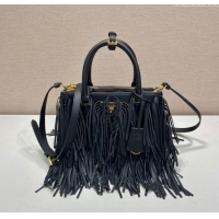 Luxury Cheap Prada Galleria small leather bag with fringe 1BA896 Black 2025