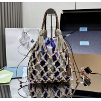 Good Taste Prada Noue medium cotton macramé bucket bag 1BC111 Cord/Royal Blue 2025