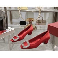 Best Grade Roger Vivier Belle Vivier Pumps in Satin with Crystal Buckle 4.5cm Heel Red 5073115
