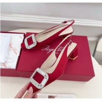 Generous Roger Vivier Belle Vivier Slingback Pumps with Crystal Buckle 4.5cm Heel Red Satin 5080116