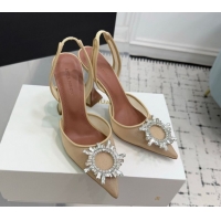 Buy Luxury Amina Muaddi Begum Embellished Slingback Pumps 9.5cm in Mesh and Strass Buckle Beige 0604119